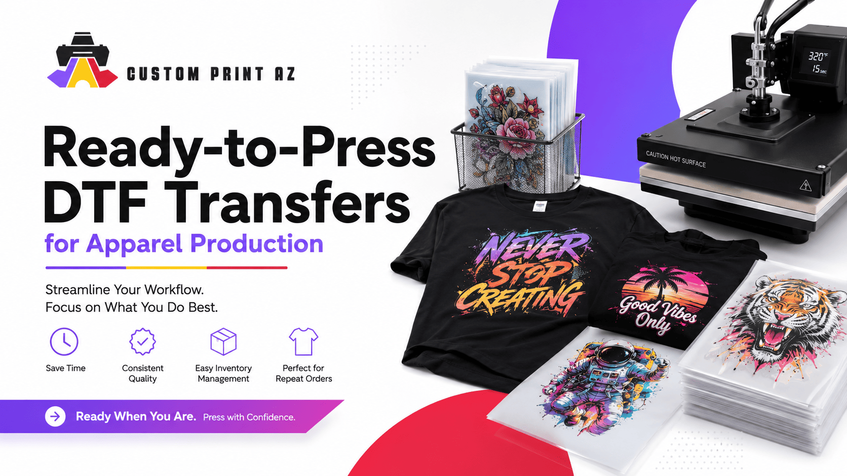 Ready-to-press DTF transfers for apparel production with custom printed shirts, transfer sheets, and a heat press.